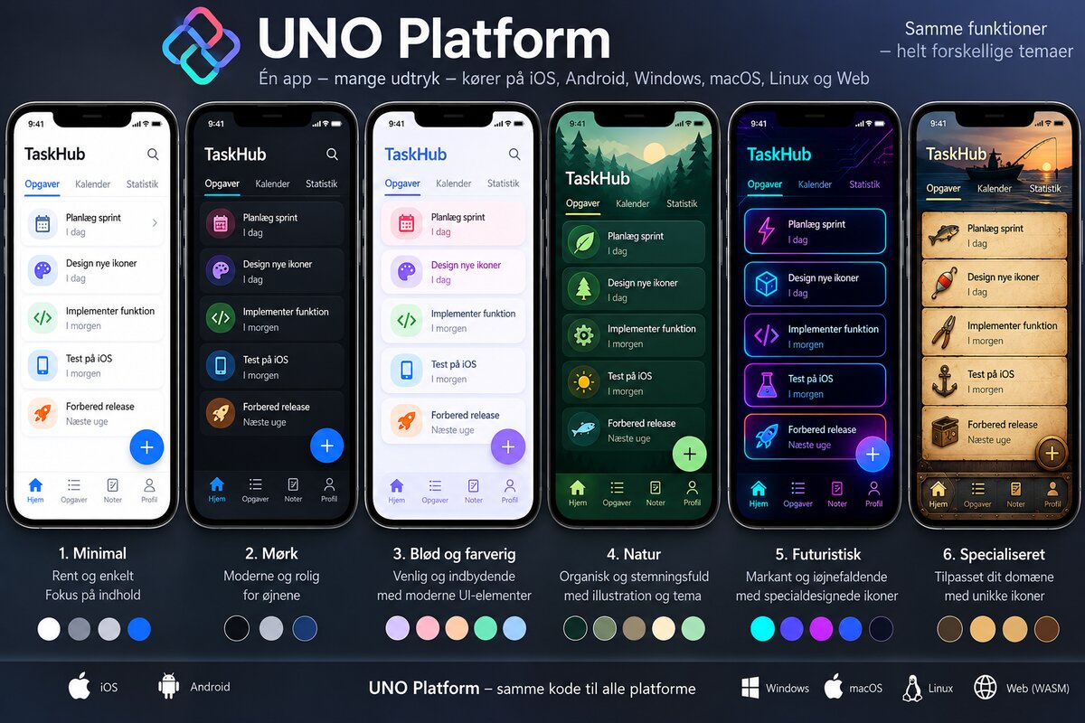 Seks iPhones viser TaskHub-appen i minimalistisk, mørkt, pastelfarvet, naturpræget, futuristisk og fiskerelateret design.