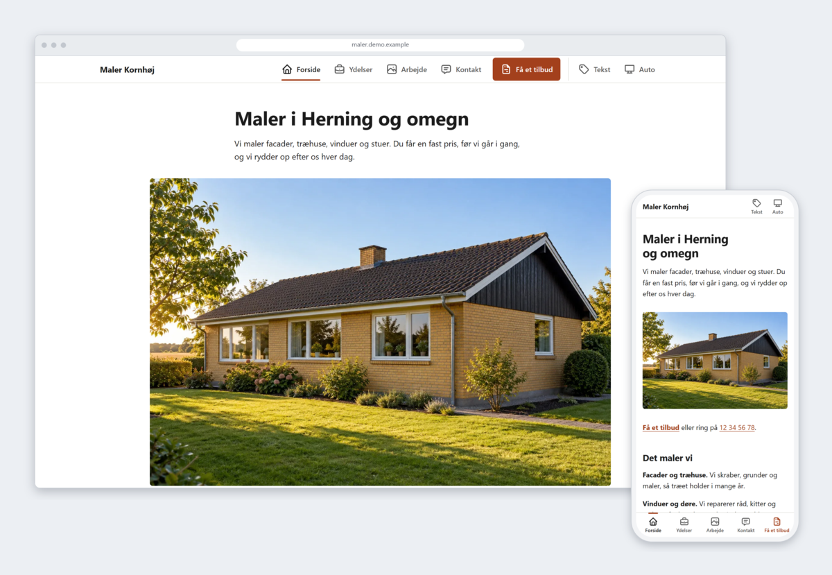 Forsiden til et malerfirmas hjemmeside i en browser på en computer og på en mobil, side om side