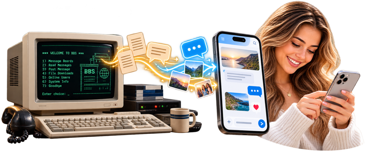En ældre BBS-computer med modem er forbundet med en moderne mobilchat, mens en kvinde skriver på sin iPhone.