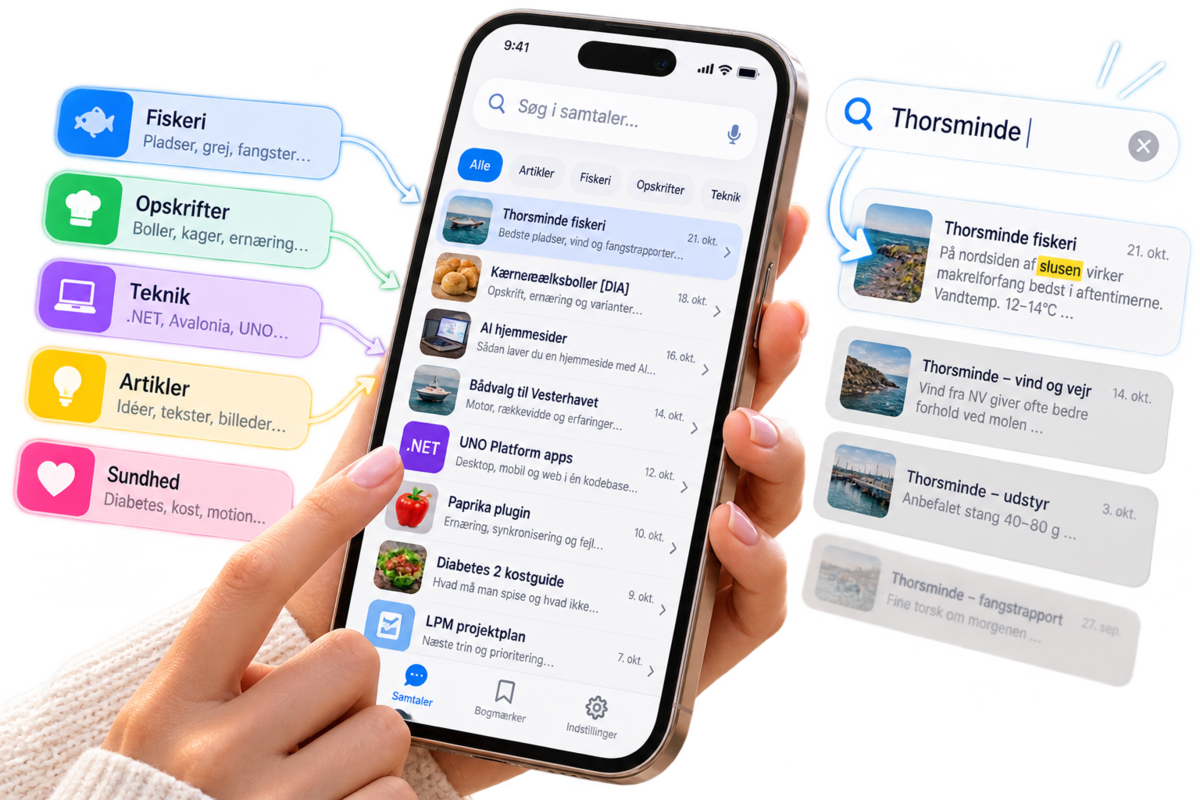 En iPhone viser samtaler organiseret i emner og en søgning, der finder tidligere beskeder om Thorsminde.