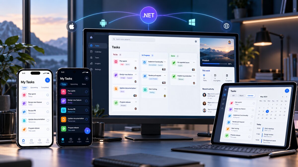 To mobiltelefoner, en stor computerskærm og en tablet viser forskellige udgaver af den samme opgaveapp med .NET-symbol og platformikoner.