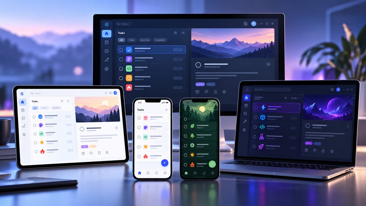 En opgaveapp vises på computerskærm, bærbar computer, tablet og to mobiltelefoner med forskellige temaer.