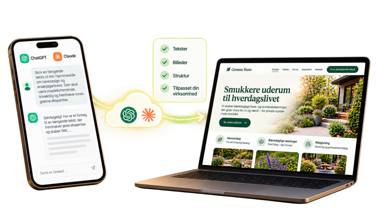 En mobil med ChatGPT og Claude er forbundet til en hjemmeside på en bærbar computer.
